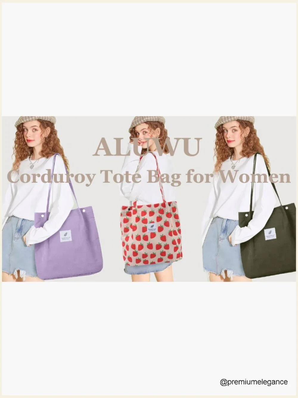Corduroy Tote Bag for Women - Small Canvas Shoulder Purse with Pockets